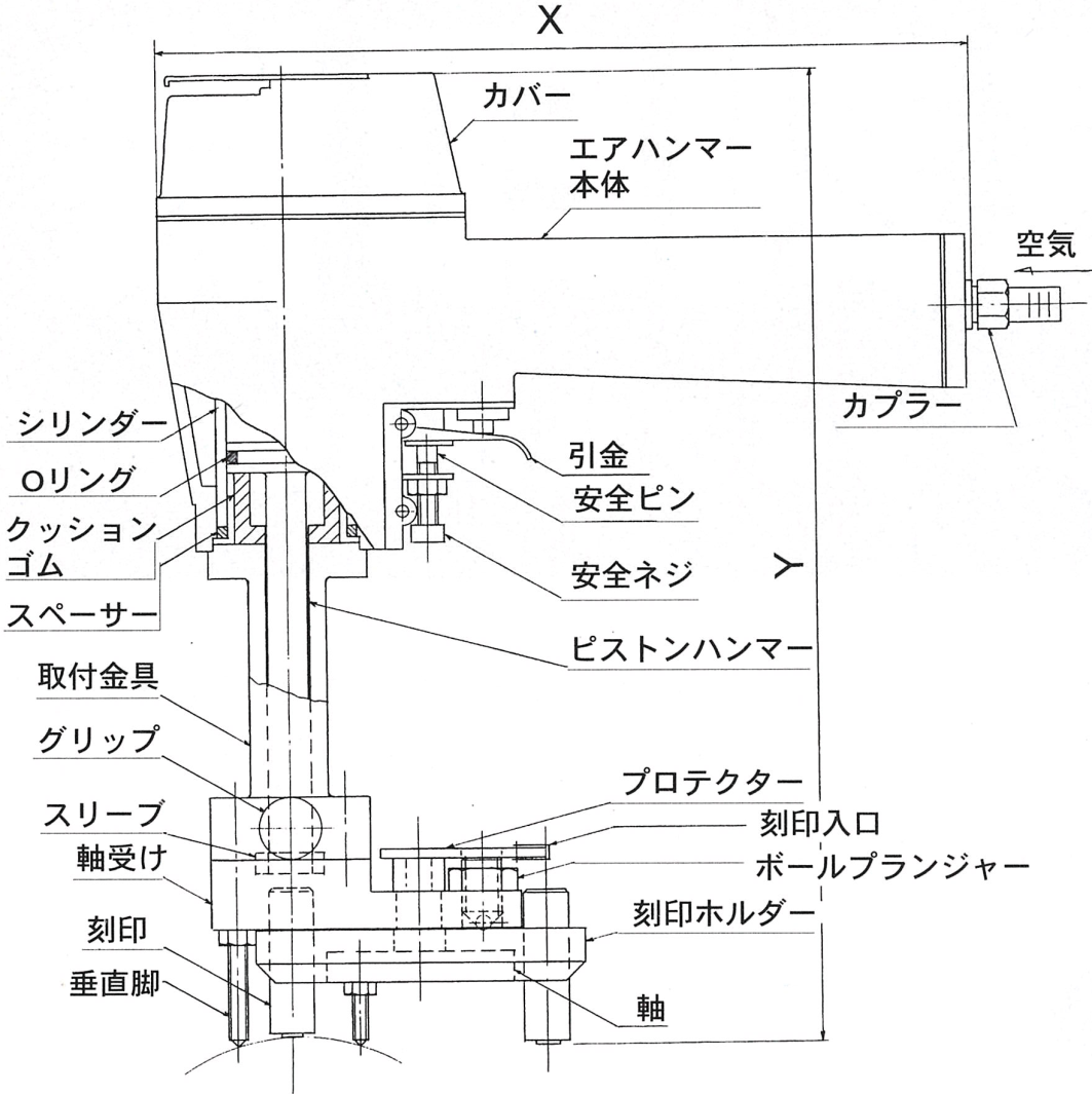 エアーインパクト刻印機の構造・寸法図